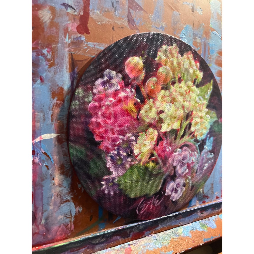 Artettina Original Floral Painting Round Art flower still life Pansy ladybugs US - Picture 3 of 8